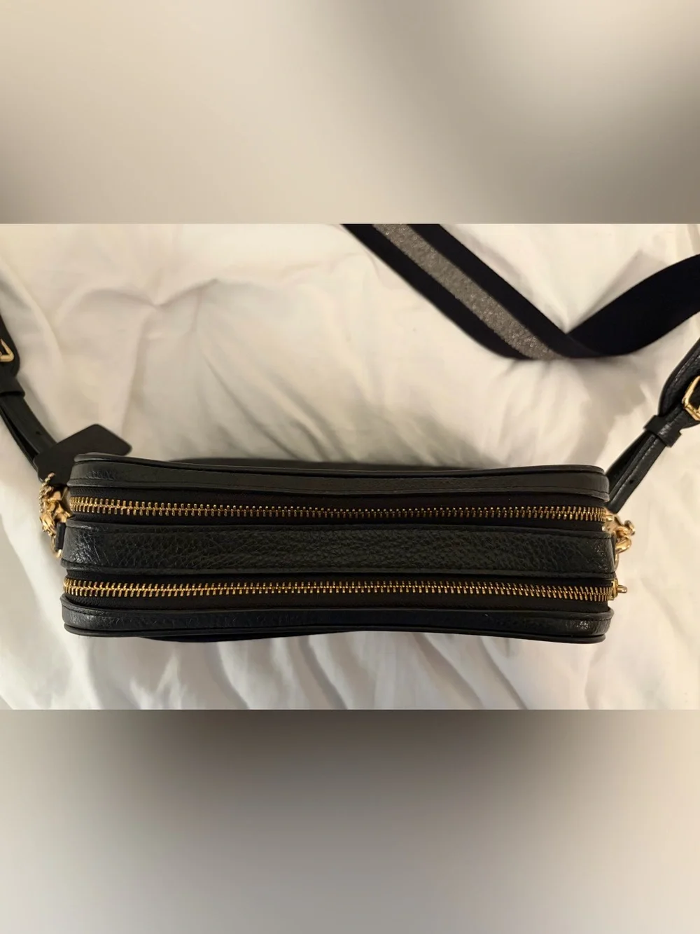 Coach Black Leather Crossbody with Striped Shoulder Strap and Gold Hardware